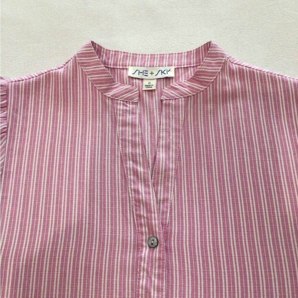 She + Sky Pink & White Stripe Puff Sleeve Mini Sundress Size Small V Neckline - Picture 11 of 12